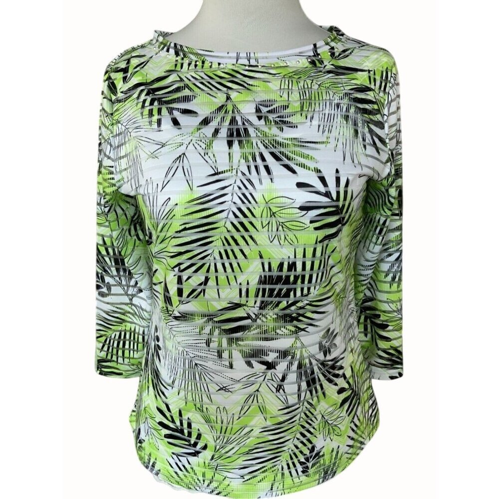Hearts Of Palm Womens Green Black Print Quarter Sleeve Sheer Tunic Top Small